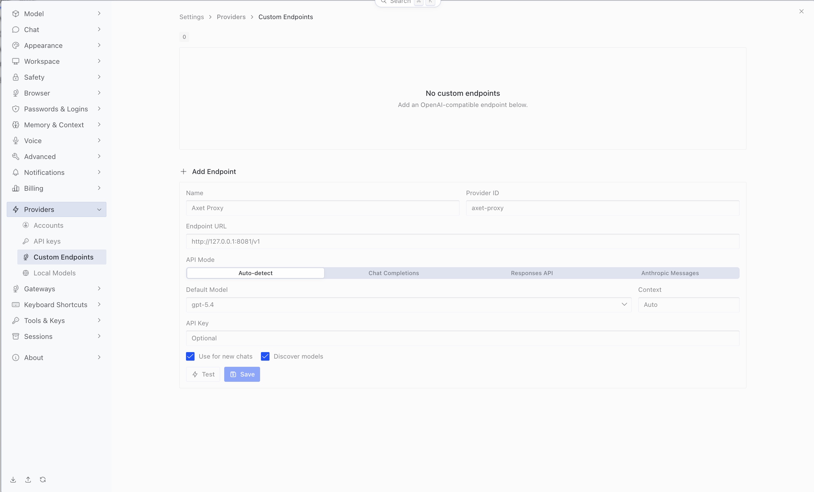 Hermes Settings with Providers expanded and Custom Endpoints selected. The Add Endpoint form is empty and shows example placeholders.