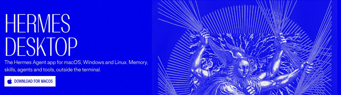 Hermes Desktop's official website with the Download for macOS button.