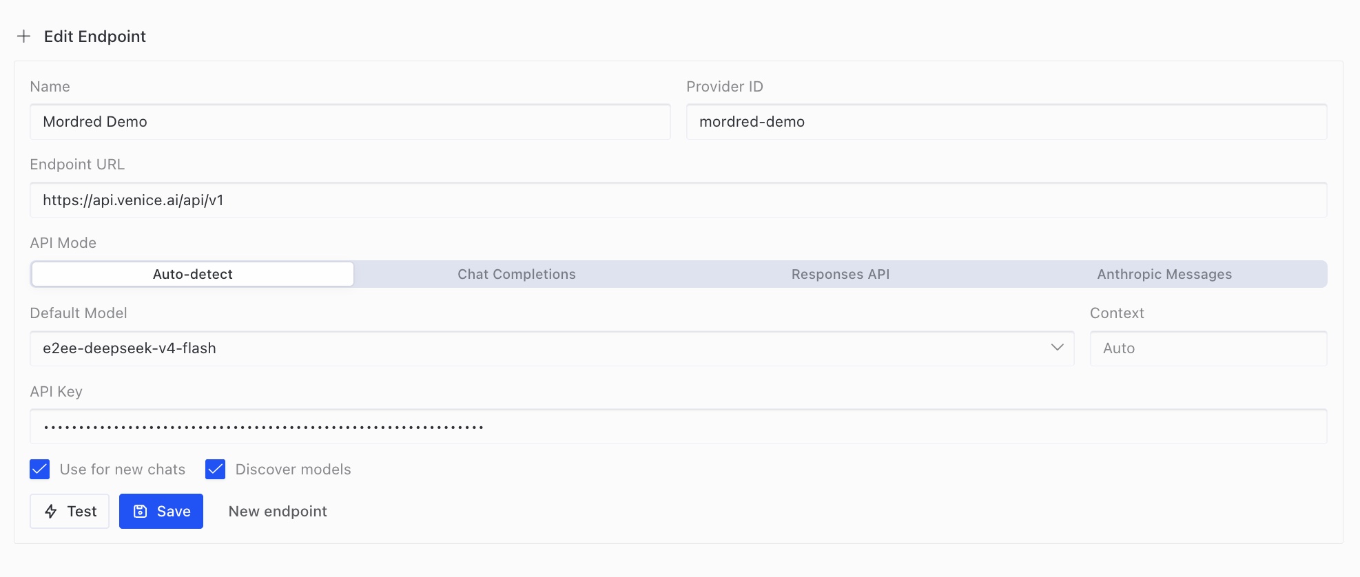 Example Edit Endpoint form with Name Mordred Demo, Provider ID mordred-demo, the Venice endpoint URL, and API Mode Auto-detect. A Default Model is shown as an optional example; the API key is masked.