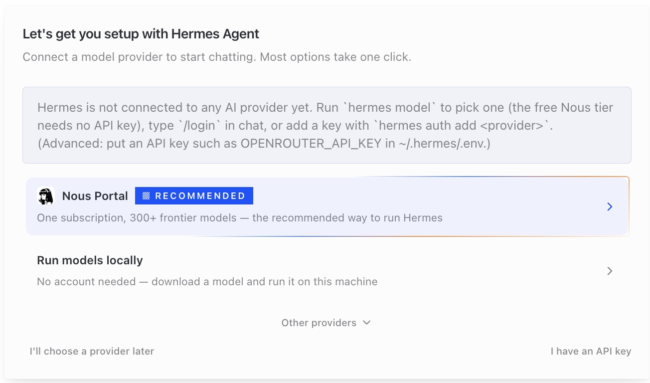 Hermes' initial provider setup screen with I'll choose a provider later in the lower-left corner.
