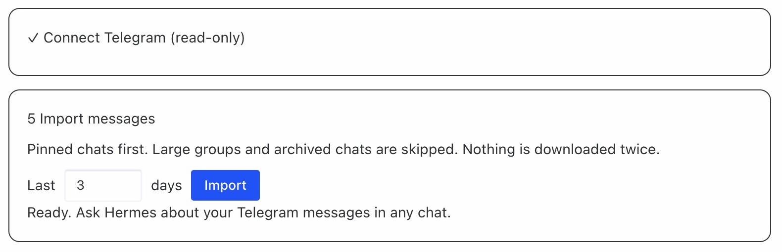 Mordred with Connect Telegram checked and Import messages showing Last 3 days and the Import button.