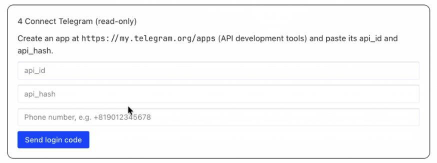 Mordred's Connect Telegram form with empty api_id, api_hash, and phone number fields and a Send login code button.