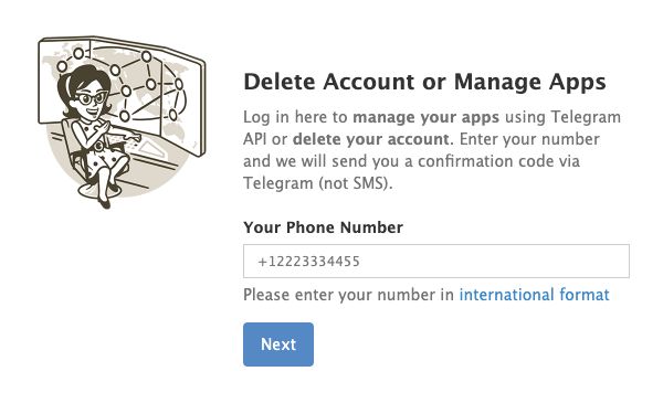 The my.telegram.org login form with Your Phone Number and Next. The number shown is a placeholder.