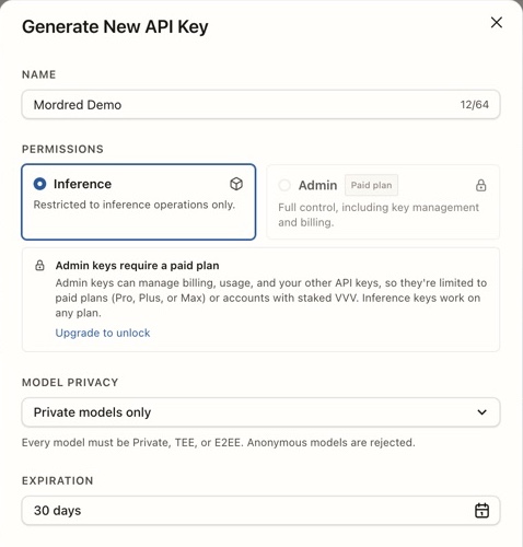 Venice's Generate New API Key form named Mordred Demo, with Inference, Private models only, and a 30-day expiration selected. No key is shown.