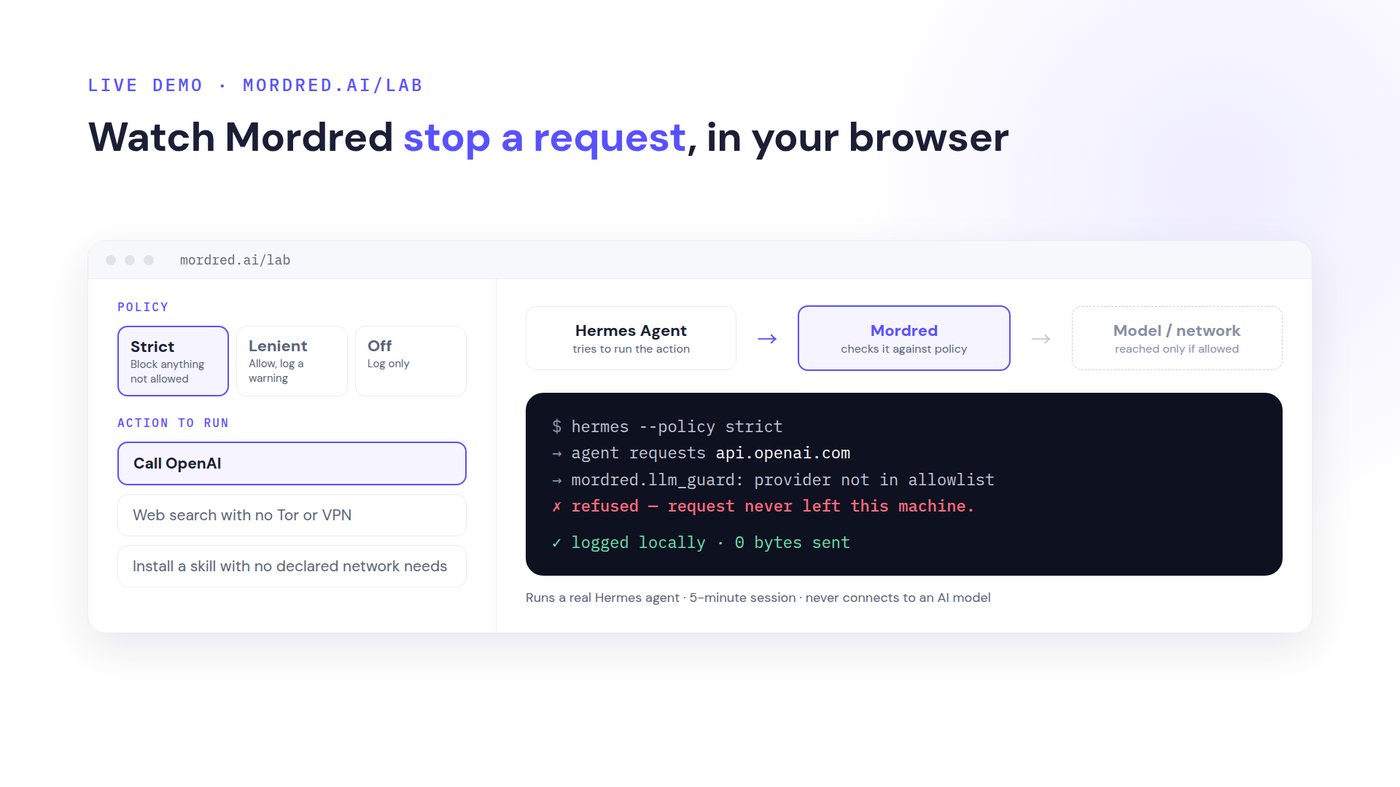 Lab concept screen showing a Strict policy blocking a Hermes request before it reaches the model or network.